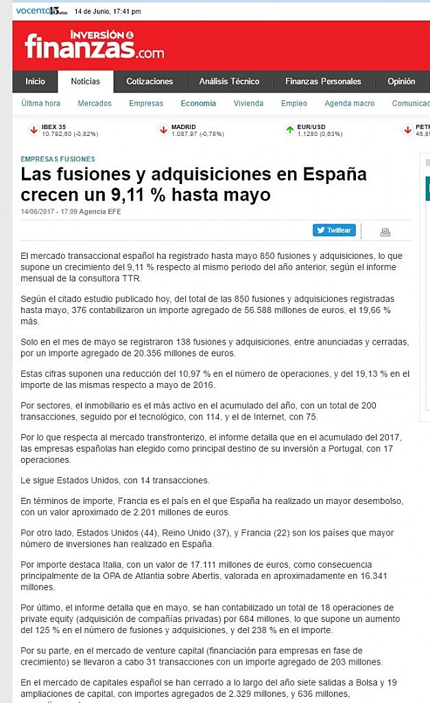 Las fusiones y adquisiciones en Espaa crecen un 9,11 % hasta mayo